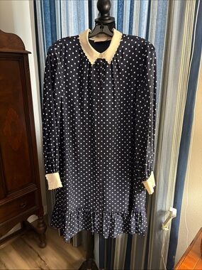 Tory Burch Navy Polka Dot Dress with Cream Collar and Cuffs
